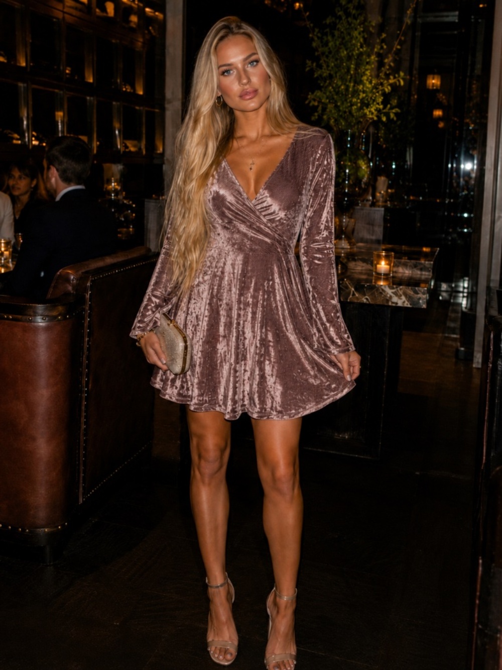 Express NWT Mauve Velvet Wrap Long Sleeve Skater Dress M